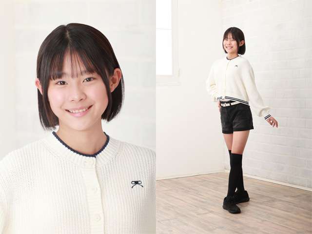 白いセーターとショートパンツのキッズオーディション写真