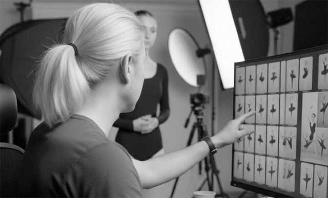 モデルのポーズを確認する人